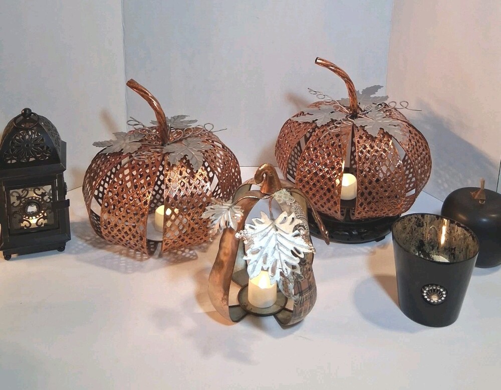 Regency Internat'l Metal Copper-Toned Mesh Pumpkin Candle Holder Set; 3 PCS! EUC